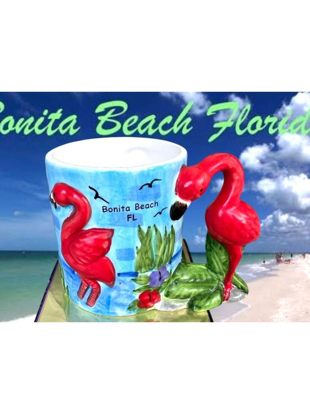 VTG Bonita Beach Florida Cup Pink Flamingo Ocean Beach Seagrass Seagull Coffee